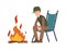 Vector illustration of pleased male, hunter sits near a fire on a chair, rests after hunting or catching fish isolated