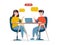 Vector illustration: podcast concept. Podcasters man and woman talking into microphone while recording podcast