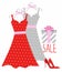 Vector illustration of a polka-dot dress on a hanger, shoes and gift wrapping.