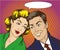 Vector illustration in pop art style. Woman and man talk to each other. Retro comic. Gossip, rumors talks