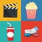 Vector illustration. Popcorn and drink. Film strip border.