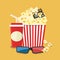 Vector illustration. Popcorn and drink. Film strip border.