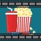 Vector illustration. Popcorn and drink. Film strip border.