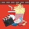 Vector illustration. Popcorn and drink. Film strip border. Cinema movie night icon in flat design style. Bright background.