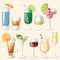 Vector illustration of popular alcoholic cocktails. Bloody Mary, Tequila Sunrise, Mojito, Cosmopolitan, Pina Colada, Caipirinha