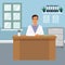 Vector illustration portrait of handsome young male doctor at his office sitting at the desk and smiling. Happy doctor