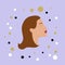 Vector illustration portrait of a young woman in profile on purple background. Long hair pale skin. EPS 10. Pale colors. Fahion