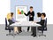 Vector illustration of presentation. Teamwork, manager businessman leading the presentation during the meeting in office