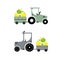 Vector illustration, a process of harvesting crops on a tractor, yellow and green apples.