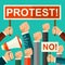 Vector illustration protest concept. Mans fists, protest placard symbol. Hands holding signs and bullhorn. Politic crisis, politic