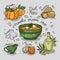 Vector illustration of pumpkin cream soup. Ingredients. Recipe.
