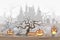 Vector illustration of pumpkin lanterns for Halloween and foggy cemetery and horror castle.