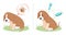 Vector illustration puppy dog feels bad from a tick bite. Tick season, dog grooming. Dog feels good after ampoule with vaccine and