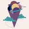 Vector illustration with purple galactic ice cream and paper plane
