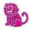Vector illustration of purple sitting lion with teeth and beautiful mane, emotional expression of wild animal. Mascot
