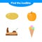 Vector illustration. puzzle game for preschool and school age children. find the inedible. potatoes, pumpkin, ice cream, plane