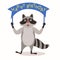 Vector illustration of a raccoon with a congratulatory sign in his hands on which it is written happy birthday.