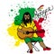 Vector illustration of rastaman playing guitar. Rastafarian guy with dreadlocks wearing yellow shirt, green pants, red shoes.