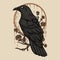 Vector Illustration Raven Perch on The Flower Branch With Flower Vintage