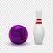 Vector illustration realistic 3D purple bowling ball and skittles. Isolated on a transparent checkered background. Design element.