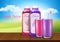 Vector illustration of realistic juice bottles, glass. Cup, plastic transparent containers. Poster, banner for promotion