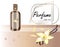 Vector illustration of a realistic style perfume in a glass bottle on a background with luxurious flower . Great