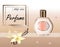 Vector illustration of a realistic style perfume in a glass bottle on a background with luxurious flower . Great