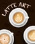 Vector illustration with realistic white cups with coffee. Collection of Latte art top view