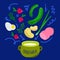 Vector illustration of the recipe of a traditional Russian dish okroshka on a blue background