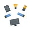 Vector illustration of recycling e-waste garbage. Set of used battery, laptop, phone, bulb, tv. Sorted trash. Garbage