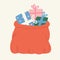 Vector illustration of the red bag with three gifts blue, green, and pink colors.