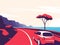 Vector illustration of a red car moving along the ocean mountain road