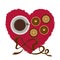 Vector illustration, red heart, cup with coffee, on a white background a heart, with a brown bow, beautiful still life