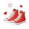 Vector illustration of red high sneakers in cartoon style. Sneakers and hearts icon