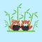 Vector illustration of red panda couple in love with ornate bamboo isolated on blue background.