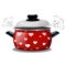 Vector illustration of a red pot, steam comes out of it in the form of hearts. Card for the holiday Valentine`s Day.