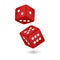 Vector illustration of red realistic game dice icon in flight closeup on white background. Casino gambling