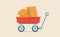 Vector illustration of red wheelbarrow wagon with hand trolley and pile of sacks isolated on a light background