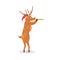 Vector illustration of reindeer with red nose in Santa Claus hat playing musical pipe.