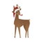 Vector illustration of reindeer in red Santa Claus hat with party whistle in mouth.