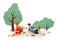 Vector illustration of rest in the city park. Young man and girl relaxing on a picnic on the grass. Outdoor activities.