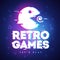 Vector illustration retro games neon sign, bright signboard, light banner. Game emblem with glitch effect.