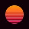 Vector illustration of retro sun in 80`s style. Retrowave, synthwave futuristic background with sunset. Trendy design for sci-fi