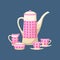 Vector illustration of a retro tea set. A teapot, a sugar bowl, a milk jug and two tea pairs