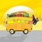 Vector illustration - Retro travel red van. Mountain. Surfer van. Vintage travel car. Old classic camper minivan. Retro hippie bus