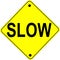 Vector illustration of a road sign warning drivers to `Slow down`. Yellow and black color graphics of a caution traffic sign.