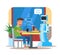 Vector illustration of robot waiter serving cola, hamburger to visitor