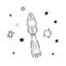 Vector illustration of rocket, satellite and stars. Doodle style. Monochrome