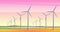 Vector illustration with rotation windmills for alternative energy resource in spacious field with pink sunset sky. Film