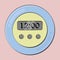 Vector illustration round pastel color timer with digital screen with highlights and three buttons on the case on a pink